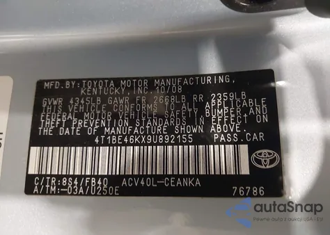 2009 Toyota Camry Le from USA, damaged, VIN 4T1BE46KX9U892155